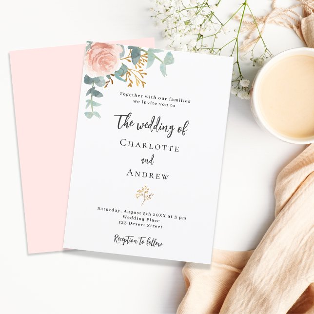 Floral rose gold eucalyptus greenery wedding invitation postcard (Creator Uploaded)