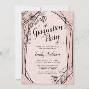 Floral Rose Gold Faux Glitter Graduation Party Invitation