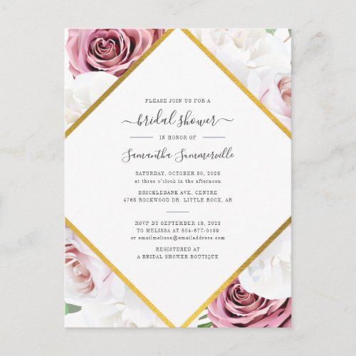 Floral Rose Gold Geometric Modern Bridal Shower  Invitation Postcard