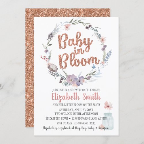 Floral Rose Gold Glitter Baby In Bloom Shower Invitation
