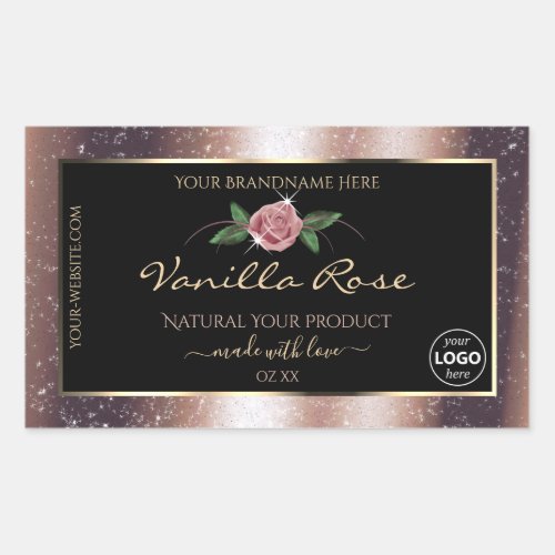 Floral Rose Gold Glitter Black Product Labels Logo