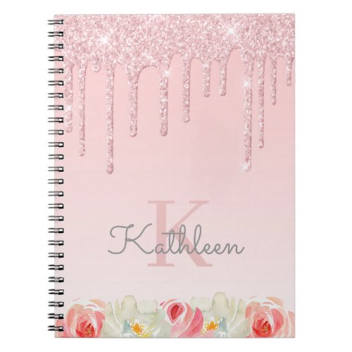 Floral Rose Gold Glitter Drips Ombre Monogram Notebook