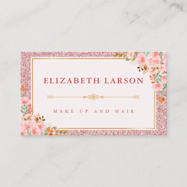 Floral Rose Gold Glitter Makeup Artist Beauty Business Card (Front)