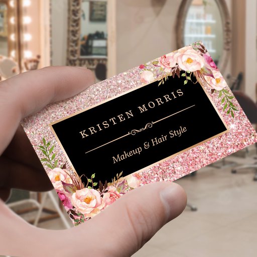 Customizable Floral Rose Gold Glitter Makeup Artist Hair Salon Business Card