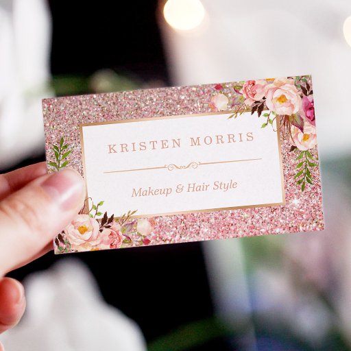 Customizable Floral Rose Gold Glitter Makeup Artist Hair Salon Business Card