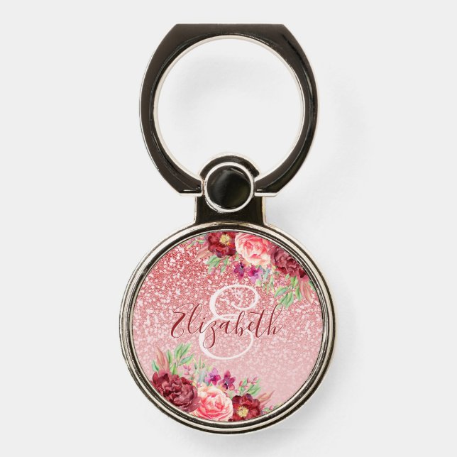 Floral Rose Gold Glitter Monogram Phone Ring Stand (Front)