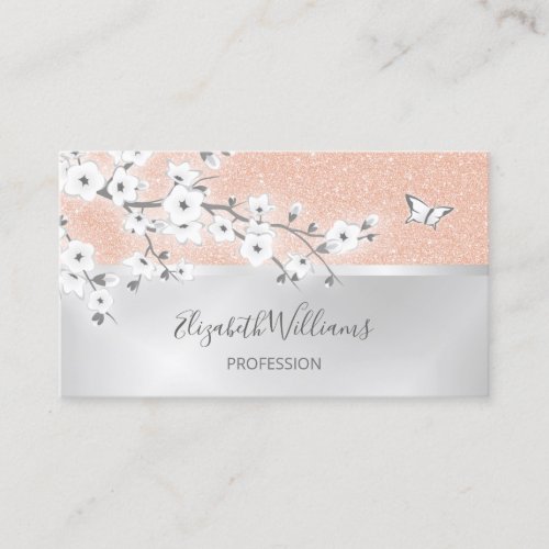 Floral  Rose Gold Glitter Silver QR Code Business Card