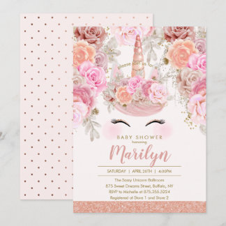 Floral Rose Gold Glitter Unicorn Baby Shower Invitation