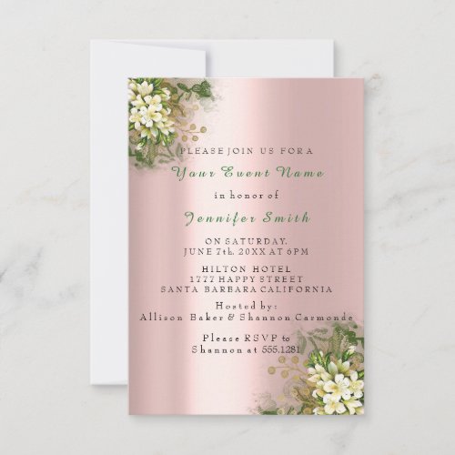 Floral Rose Gold Green Blush Pink Bridal Wedding Invitation