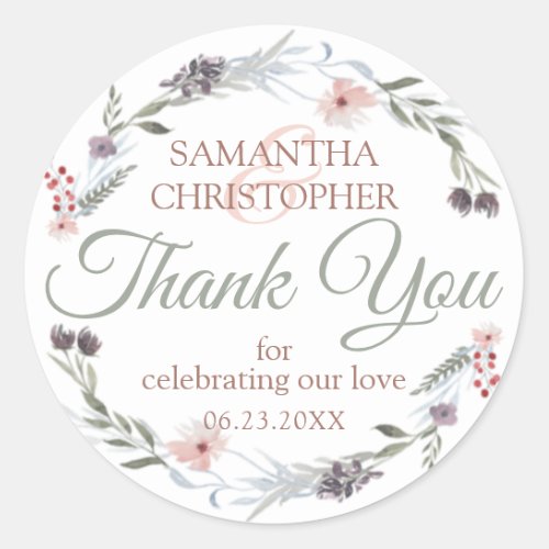 Floral Rose Gold Green Script Wedding Thank You Classic Round Sticker