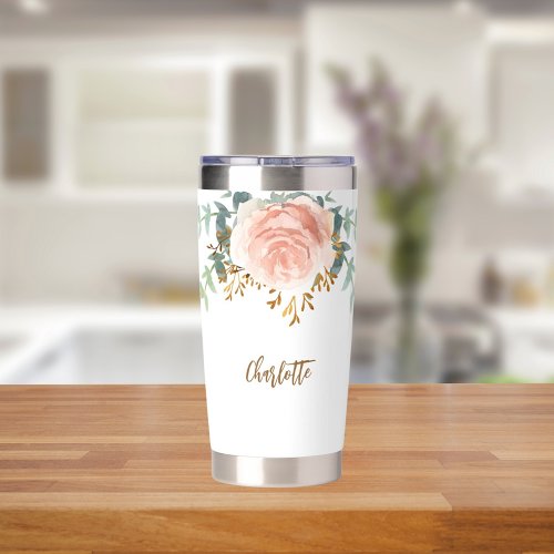 Floral rose gold greenery gold name insulated tumbler
