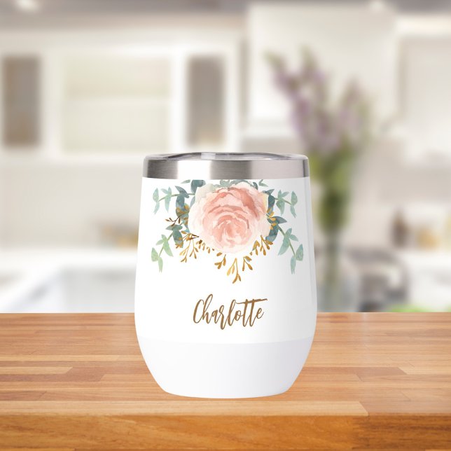 Floral rose gold greenery gold name thermal wine tumbler (Creator Uploaded)