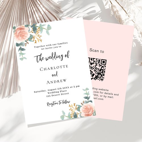 Floral rose gold greenery QR code details wedding Invitation