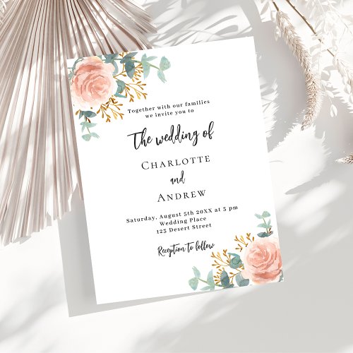 Floral rose gold greenery QR code details wedding Invitation Postcard