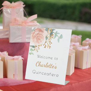 Floral rose gold greenery Quinceanera welcome Pedestal Sign
