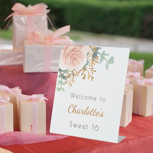 Floral rose gold greenery Sweet 16 welcome Pedestal Sign