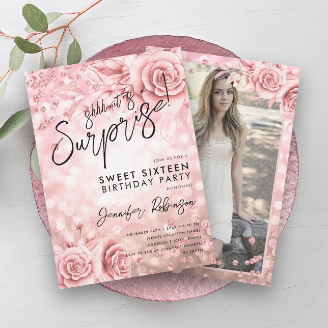 Floral Rose Gold Lights Photo Surprise Sweet 16 Invitation (Floral Rose Gold Lights Photo Surprise Sweet 16 Invitation)