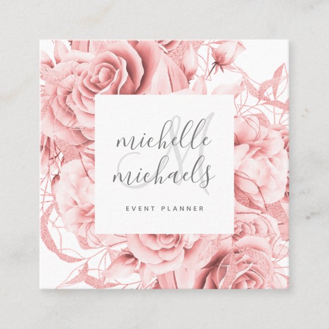 Floral Rose Gold Modern Script Monogram  Square Business Card (Front)