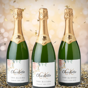 Floral rose gold monogram birthday party sparkling wine label