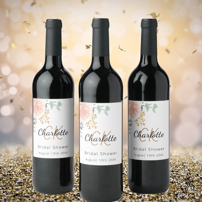 Floral rose gold monogram bridal shower wine label (Creator Uploaded)