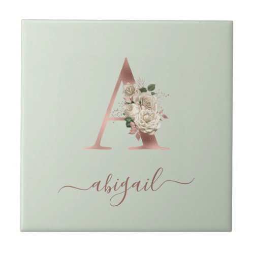 Floral Rose Gold Monogram Letter A sage green Ceramic Tile