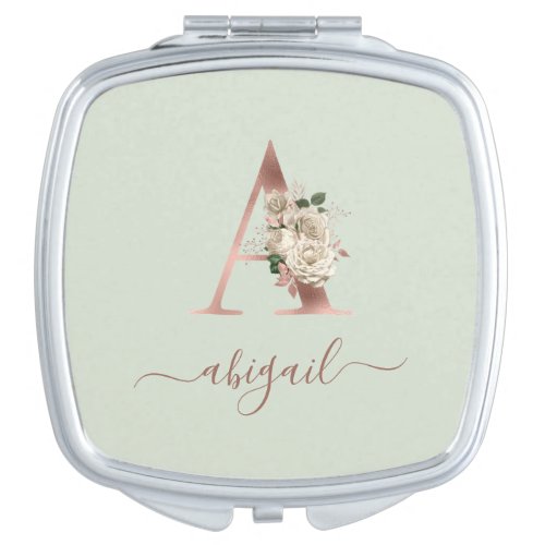 Floral Rose Gold Monogram Letter A Sage Green Compact Mirror