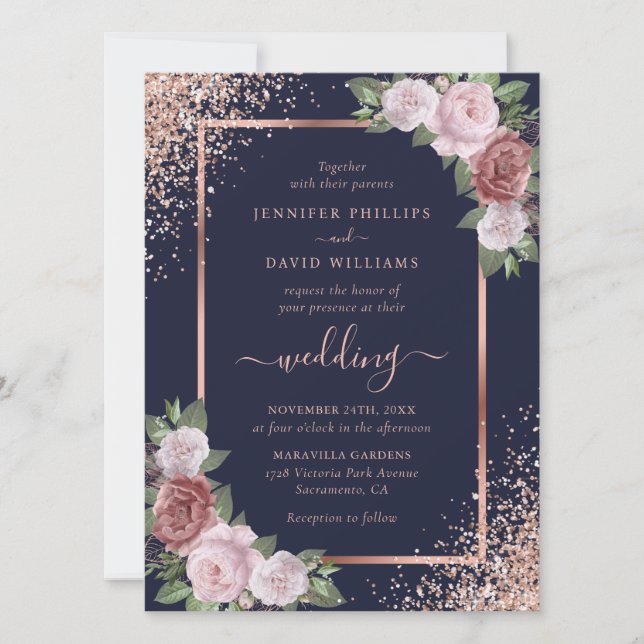 Floral Rose Gold Navy Blue Blush Pink Wedding Invitation (Front)