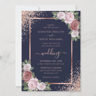 Floral Rose Gold Navy Blue Blush Pink Wedding Invitation