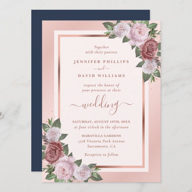 Floral Rose Gold Navy Blue Blush Wedding Invitation (Front/Back)