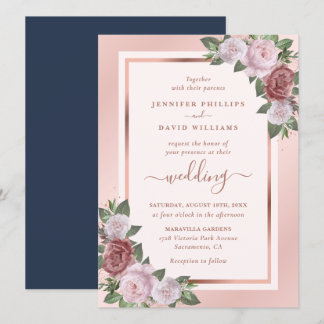 Floral Rose Gold Navy Blue Blush Wedding Invitation