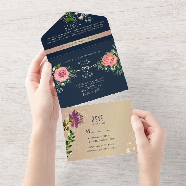 Floral Rose Gold Navy Blue Photo Wedding  All In One Invitation (Tearaway)