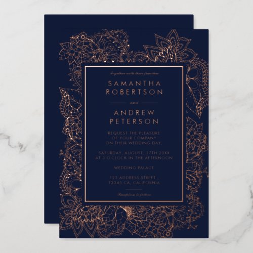 Floral rose gold navy blue wedding foil invitation