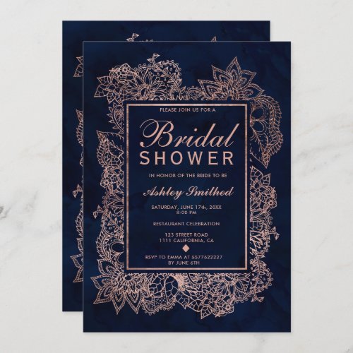 Floral rose gold navy watercolor bridal shower invitation