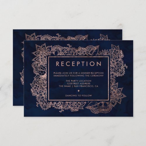 Floral rose gold navy watercolor reception wedding invitation