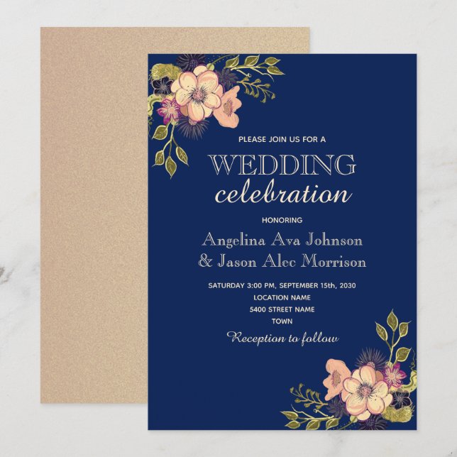 Floral Rose Gold Navy Wedding Invitation (Front/Back)