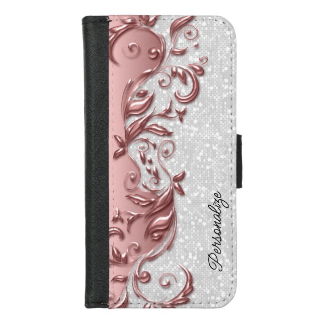 Floral Rose Gold on White Confetti iPhone Wallet Case (Front)