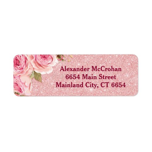 Floral Rose Gold Pink Glitter Return Address Label