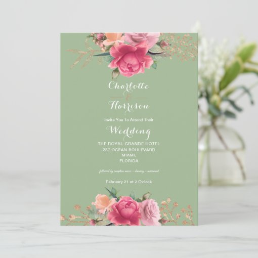 Floral Rose Gold Pink Green Roses Luxury Wedding Invitation | Zazzle