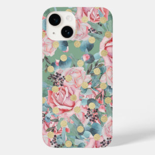 Floral rose gold polka dot vintage pink teal patte Case-Mate iPhone 14 case