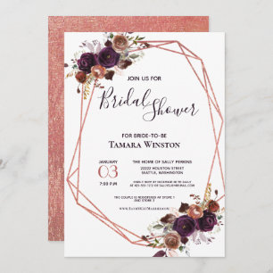 Floral Rose Gold Purple Geometric Bridal Shower Invitation