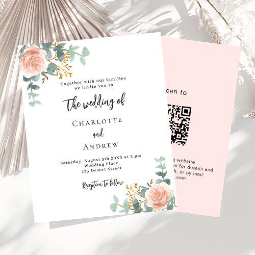 Floral rose gold QR code budget wedding invitation