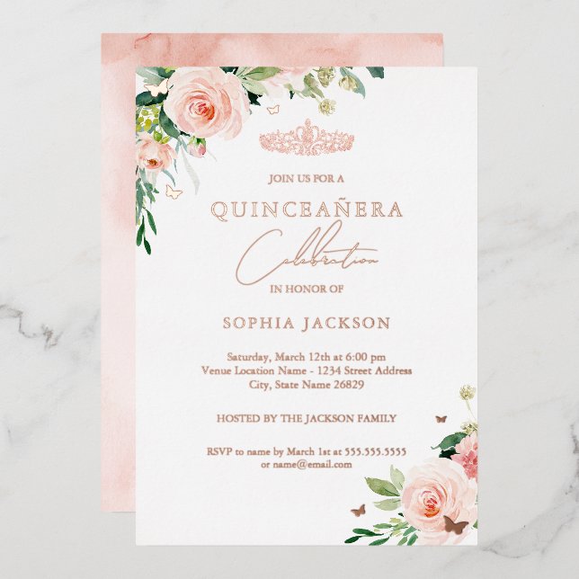 Floral Rose Gold Quinceanera  Foil Invitation (Front/Back)