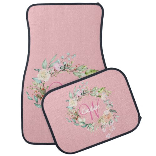 Floral Rose Gold Script Monogram Blush Pink Car Floor Mat