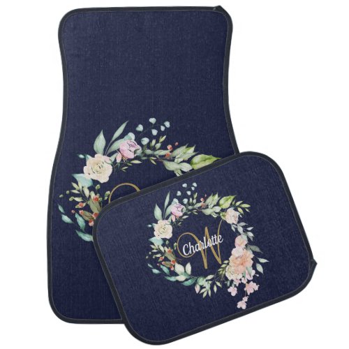 Floral Rose Gold Script Monogram Navy Blue Car Floor Mat