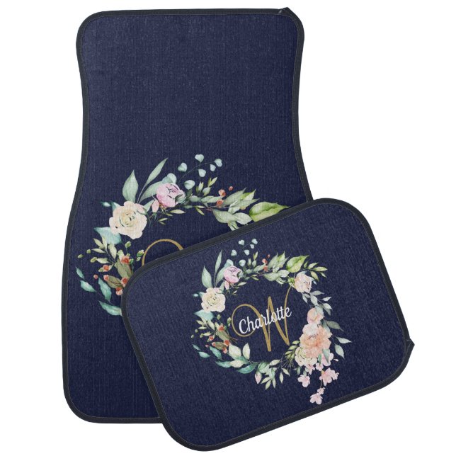 Floral Rose Gold Script Monogram Navy Blue Car Floor Mat (Set)
