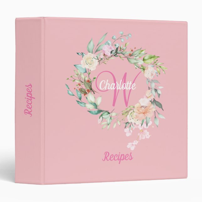 Floral Rose Gold Script Monogram Pink Recipe 3 Ring Binder (Front/Spine)