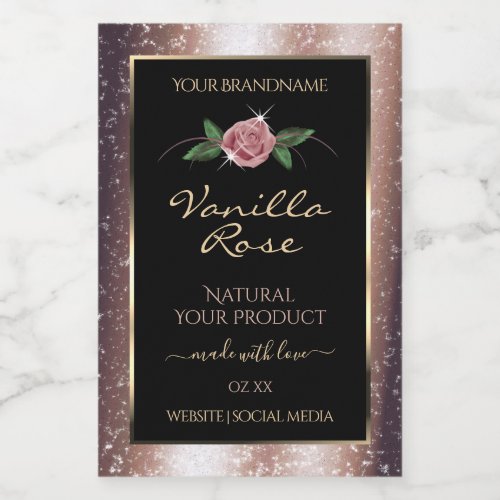 Floral Rose Gold Soft Glitter Black Product Labels