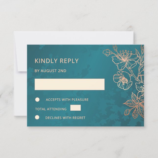 Floral Rose Gold Teal Wedding RSVP Card (Front)