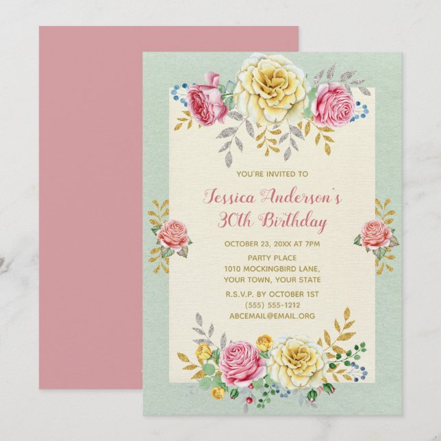 Floral Rose Gold Thirtieth 30th Birthday Invite (Front/Back)