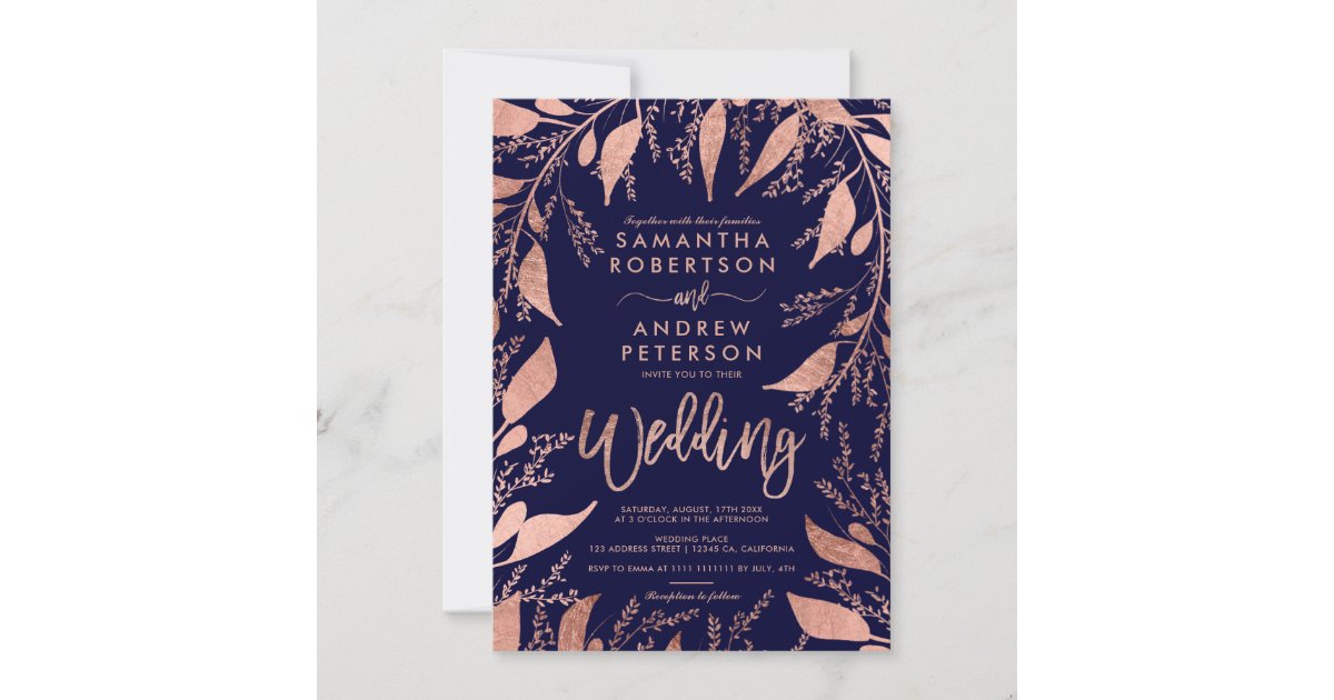 Floral rose gold typography navy blue chic wedding invitation | Zazzle